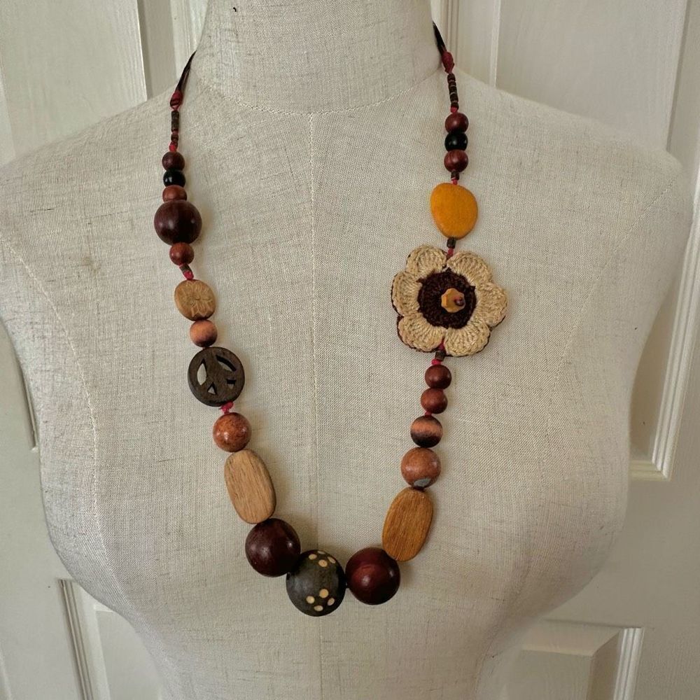 Wood beaded flower peace necklace